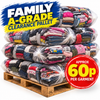 Four stacked pallets filled with folded clothing in clear plastic bags on a white background, with large promotional text reading 'FAMILY A-GRADE CLEARANCE PALLET' and a red badge saying 'APPROX 60p PER GARMENT'.