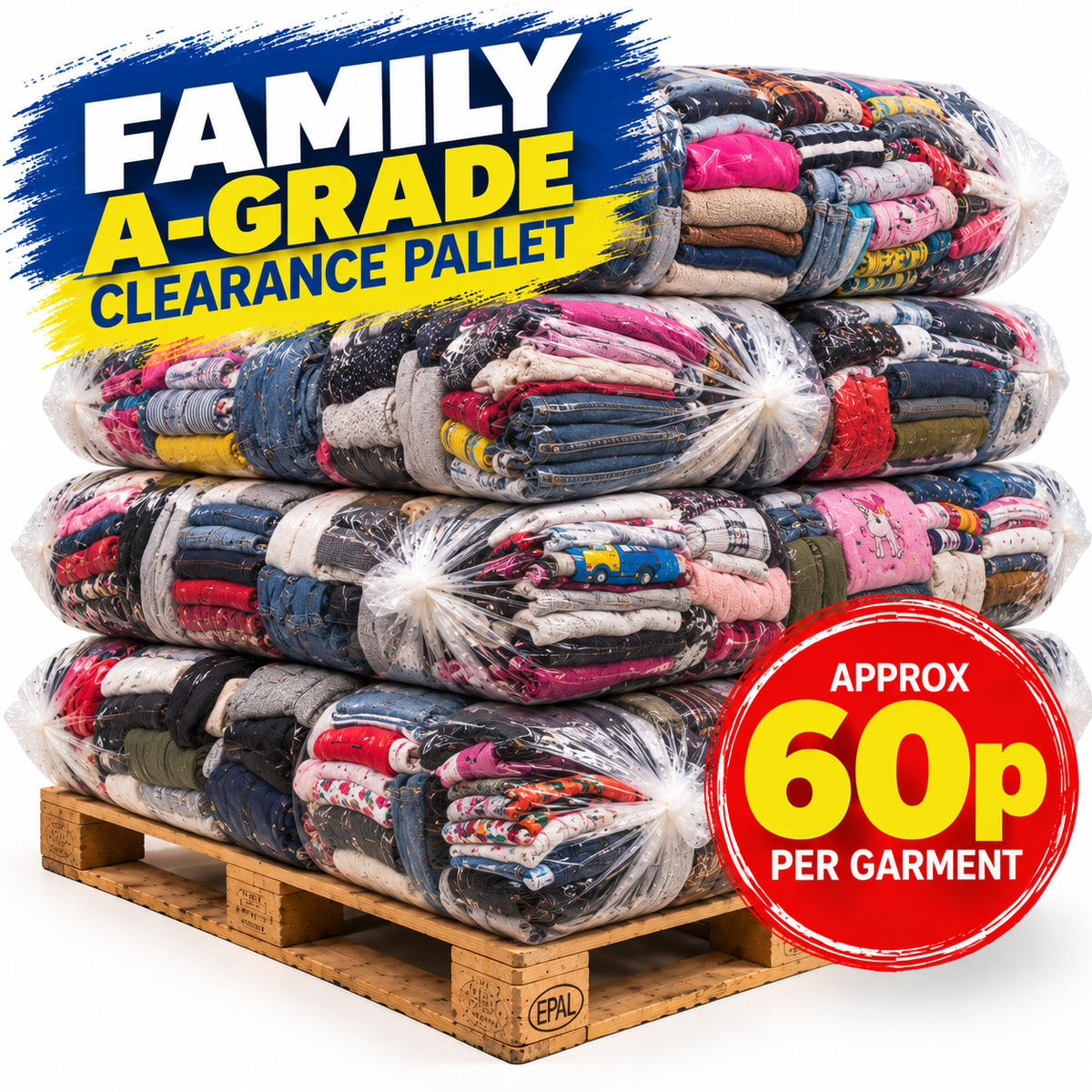 Four stacked pallets filled with folded clothing in clear plastic bags on a white background, with large promotional text reading 'FAMILY A-GRADE CLEARANCE PALLET' and a red badge saying 'APPROX 60p PER GARMENT'.