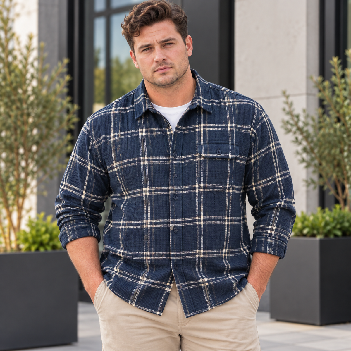 A man wearing a navy blue long-sleeve plaid flannel shirt with beige pants, standing outdoors in front of a modern building with potted plants.