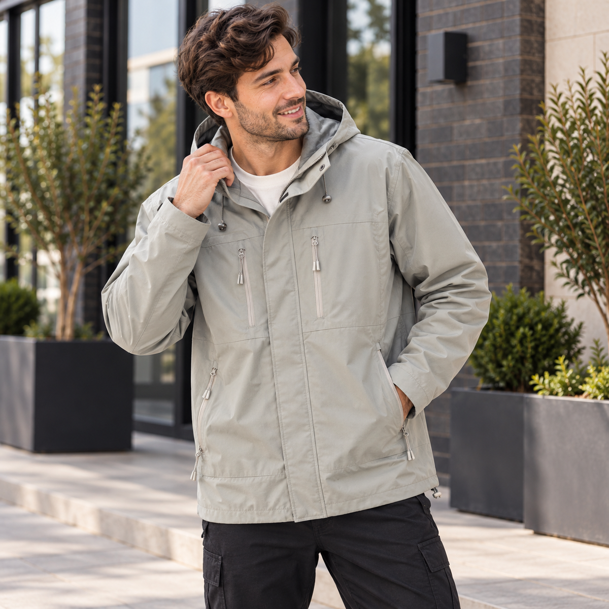A man wearing a light gray hooded jacket with silver zippers, standing outdoors in front of a modern building with brick walls and potted plants.