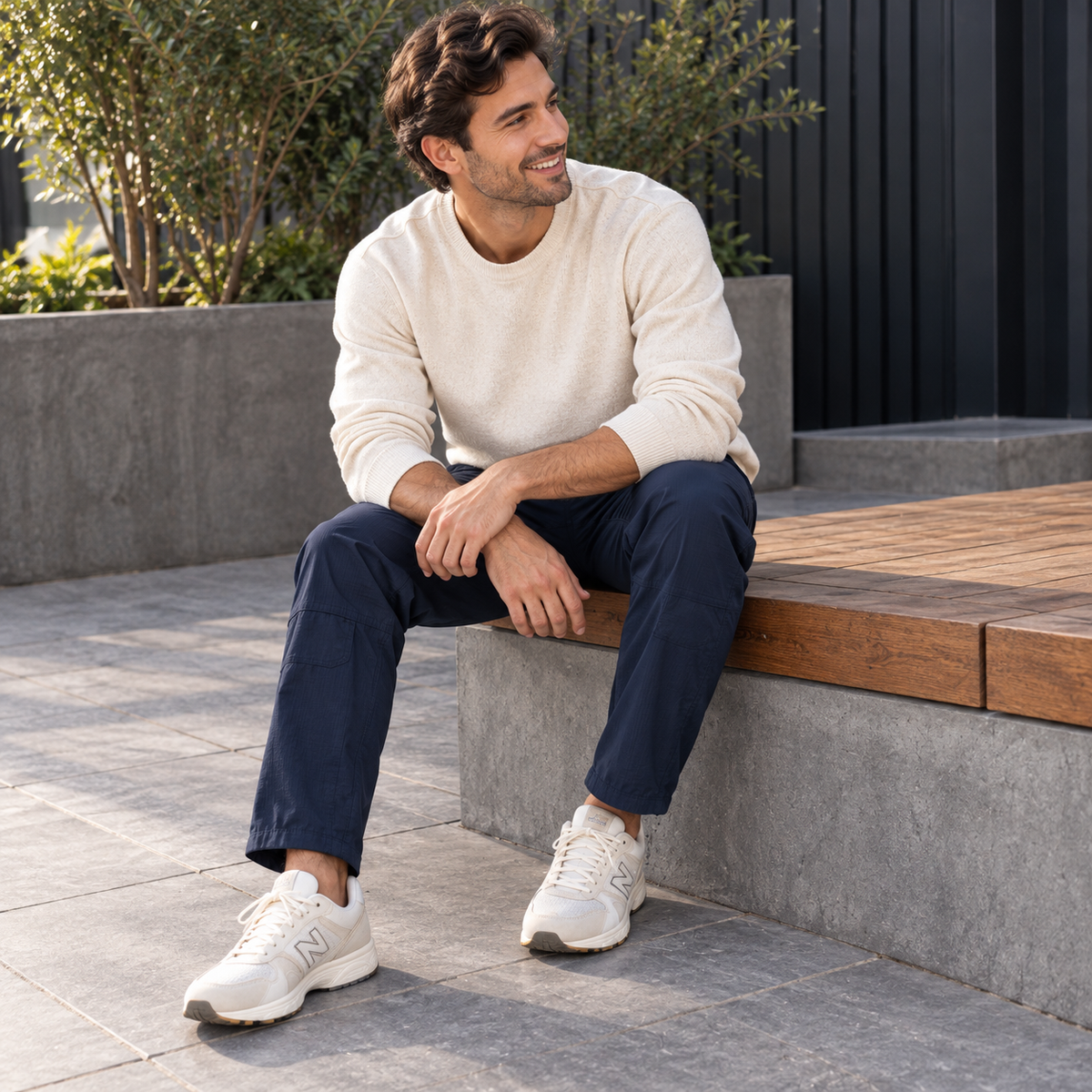 A man sitting on a wooden bench in an outdoor patio setting, wearing a cream long-sleeve knit sweater, navy blue pants, and off-white New Balance sneakers.