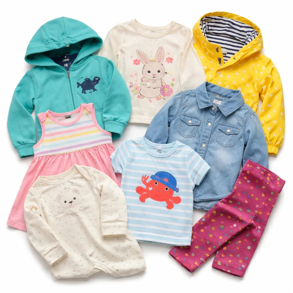 Collection of children's clothing including jackets, shirts, and pants on a white background
