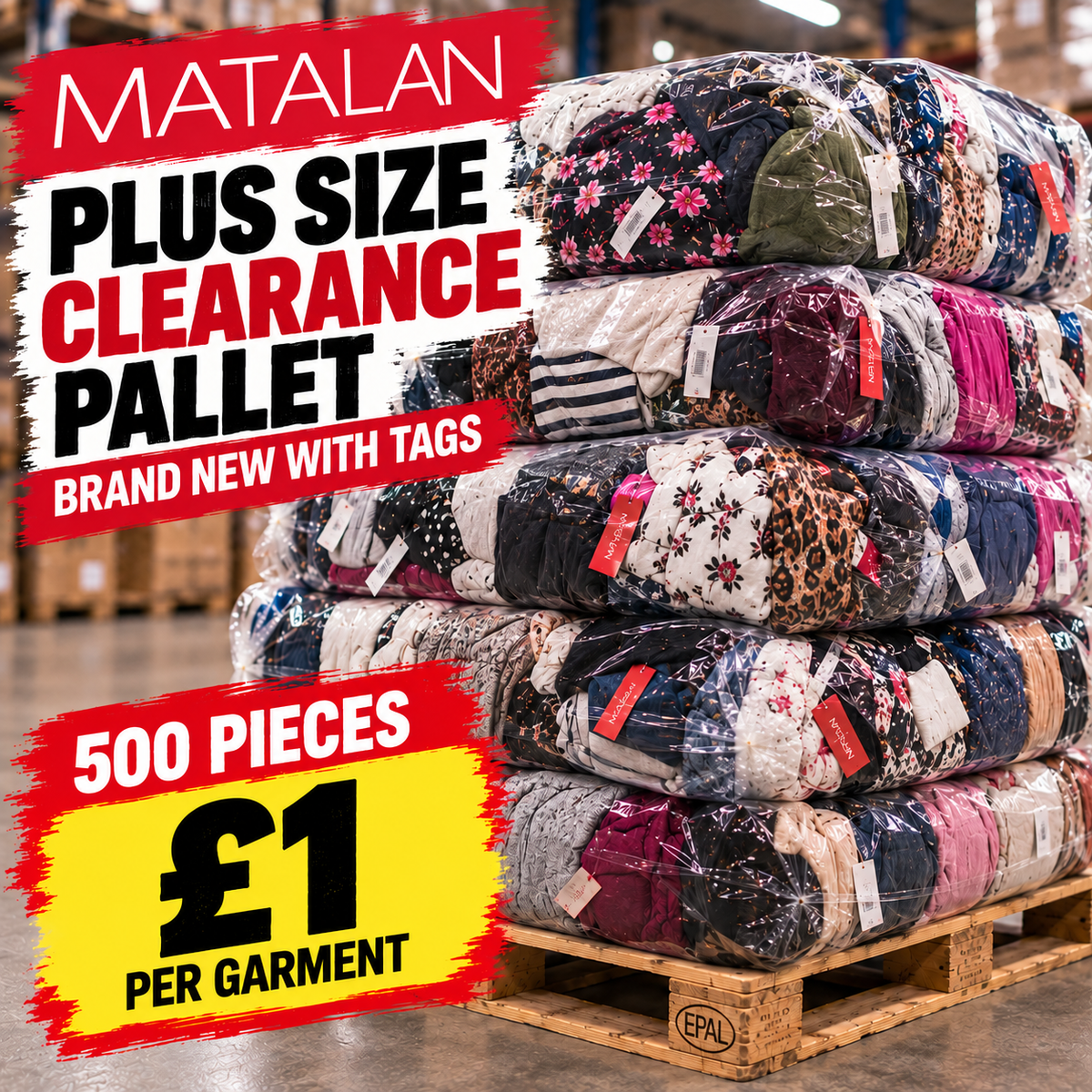 500 pieces of genuine Matalan ladies' plus-size clothing for just £500. All garments are brand new, in perfect condition and supplied with original tags attached.