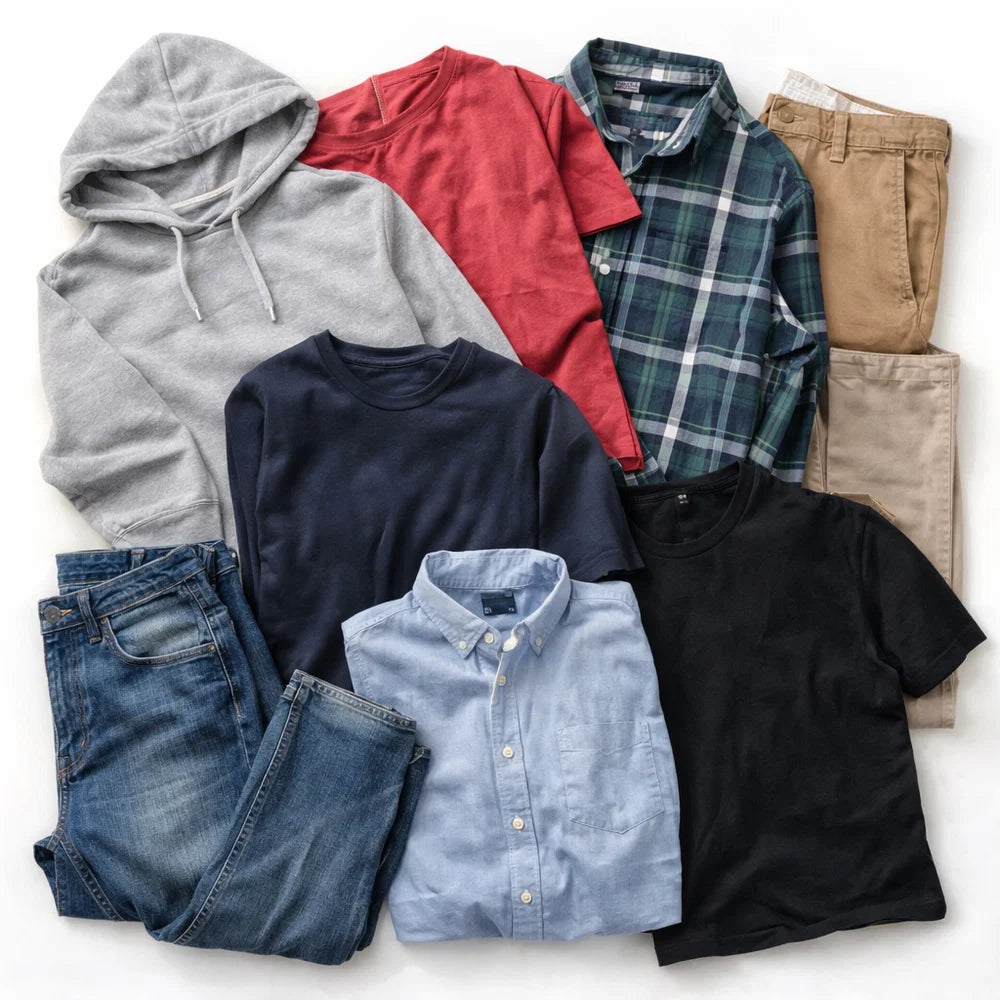 Collection of folded clothing items including a gray hoodie, red t-shirt, plaid shirt, beige pants, navy t-shirt, black t-shirt, blue jeans, and light blue shirt on a white background.