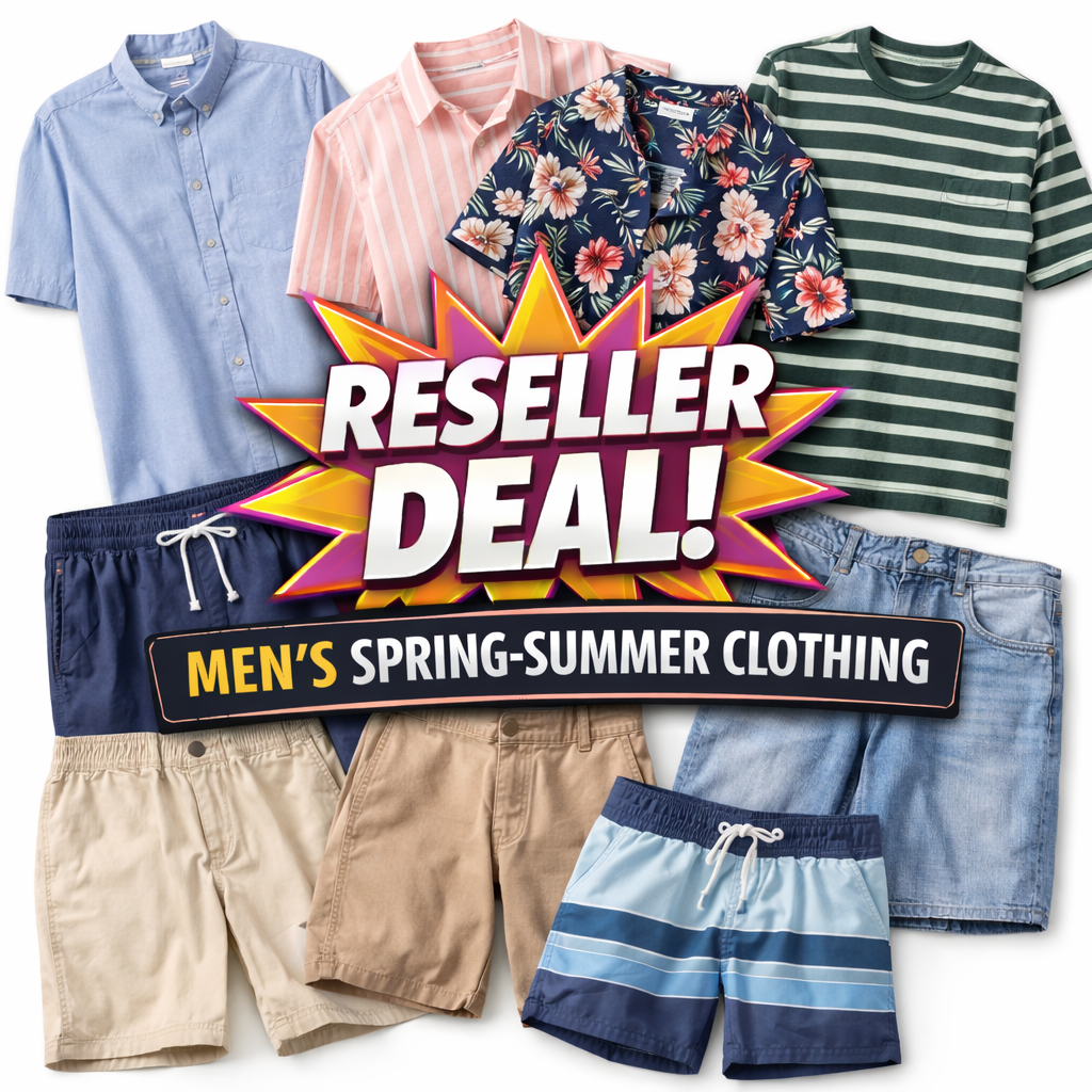 Collection of men's spring-summer clothing with 'Reseller Deal!' text overlay.