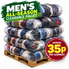A wooden pallet stacked with multiple clear plastic-wrapped garment bundles in assorted colors, with promotional text reading 'MEN'S ALL-SEASON CLEARANCE PALLET' and a red badge stating 'APPROX 35p PER GARMENT'.