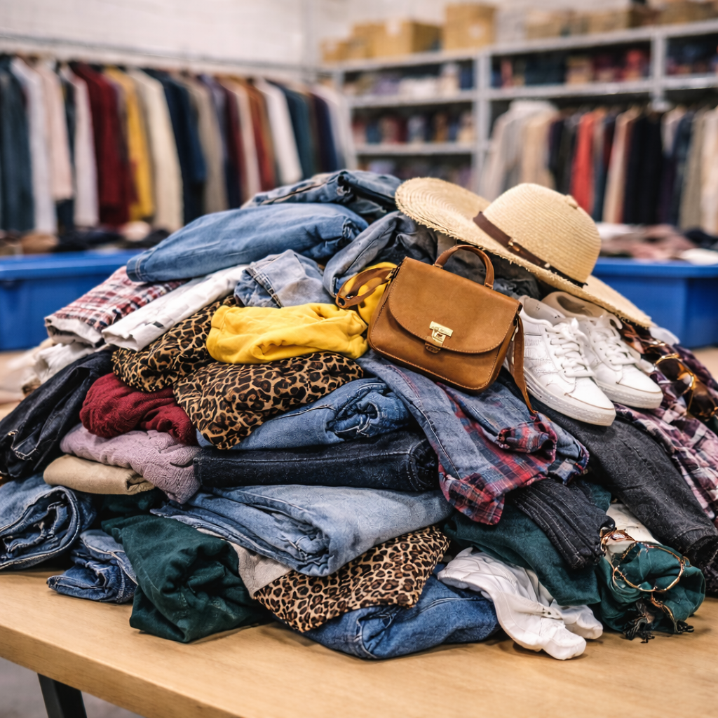 Stack of clothing items including jeans, shirts, and shoes on a table with a blurred background of more clothes.
