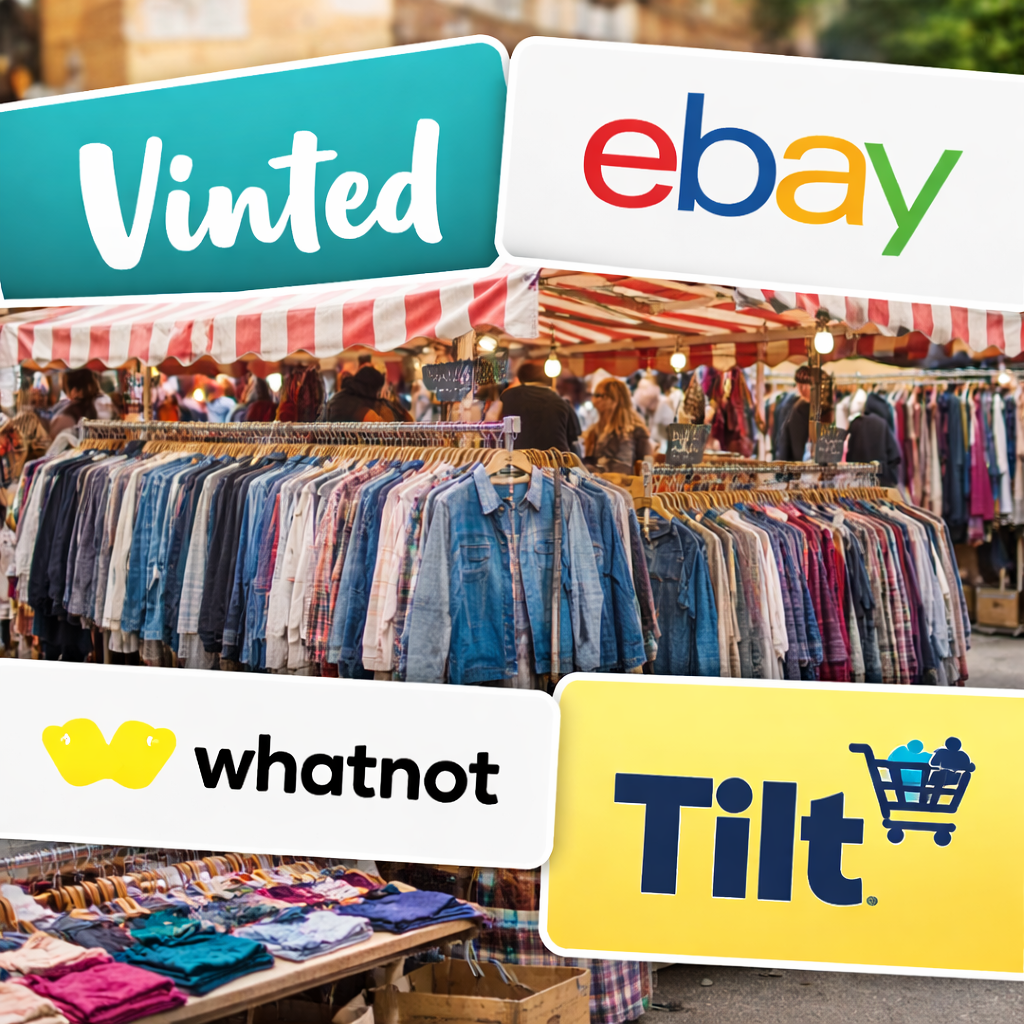 Vintage clothing market with Vinted, eBay, Whatnot, and Tilt logos overlayed.