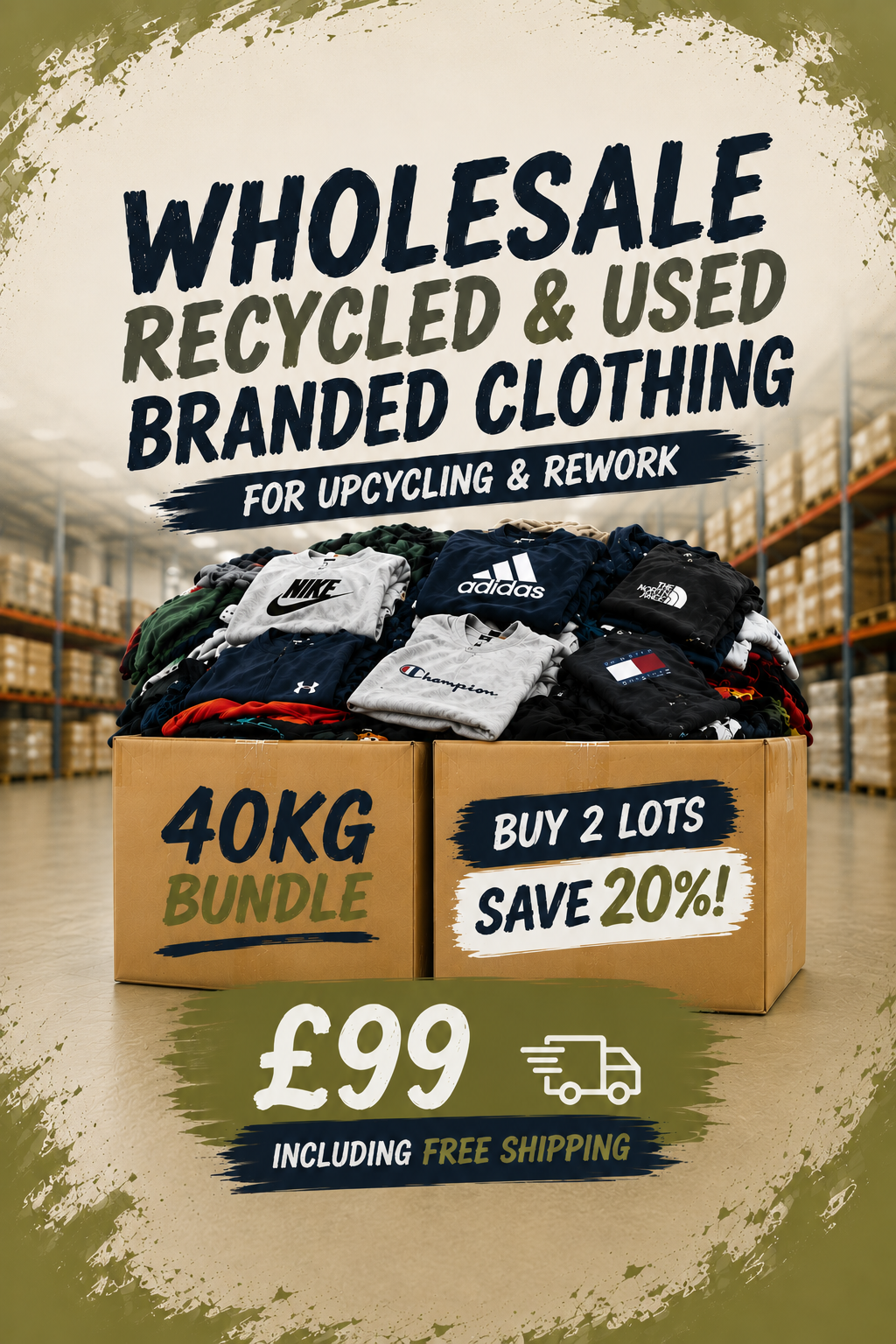 Promotional graphic for a wholesale bundle of recycled and used branded clothing. The image shows several cardboard boxes filled with folded garments, with large text reading 'WHOLESALE RECYCLED & USED BRANDED CLOTHING', '40KG BUNDLE', 'BUY 2 LOTS SAVE 20%', and '£99 INCLUDING FREE SHIPPING'.