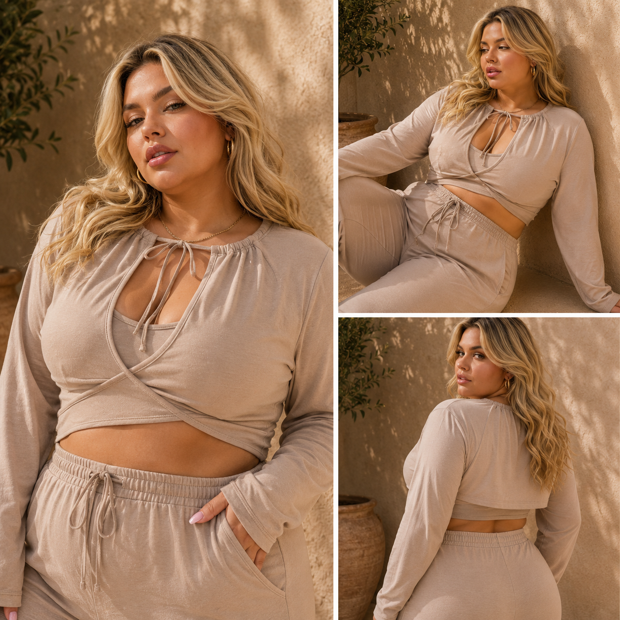 Woman wearing a beige outfit against a neutral background