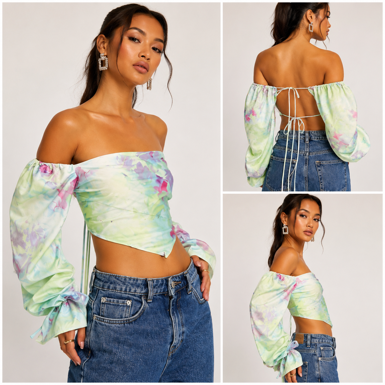 Woman wearing a colorful off-shoulder top with denim pants, shown from front, back, and side views.