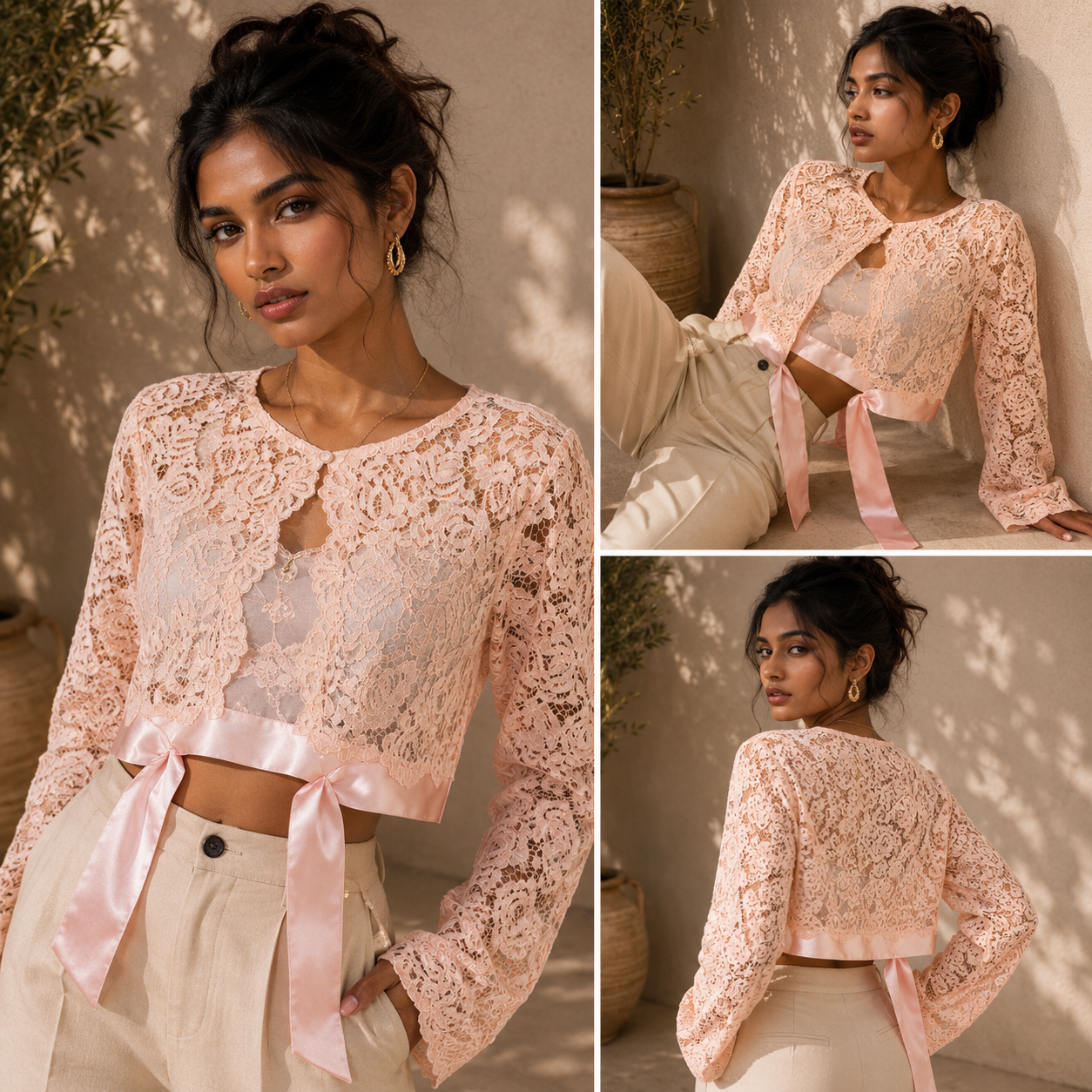 Woman wearing a pink lace top with a satin ribbon, posing against a neutral background.