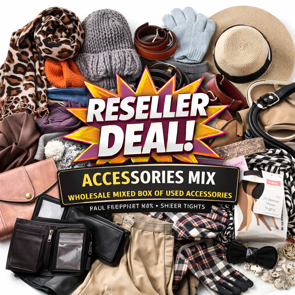 Assorted accessories including scarves, hats, and bags with 'Reseller Deal!' text on a white background.