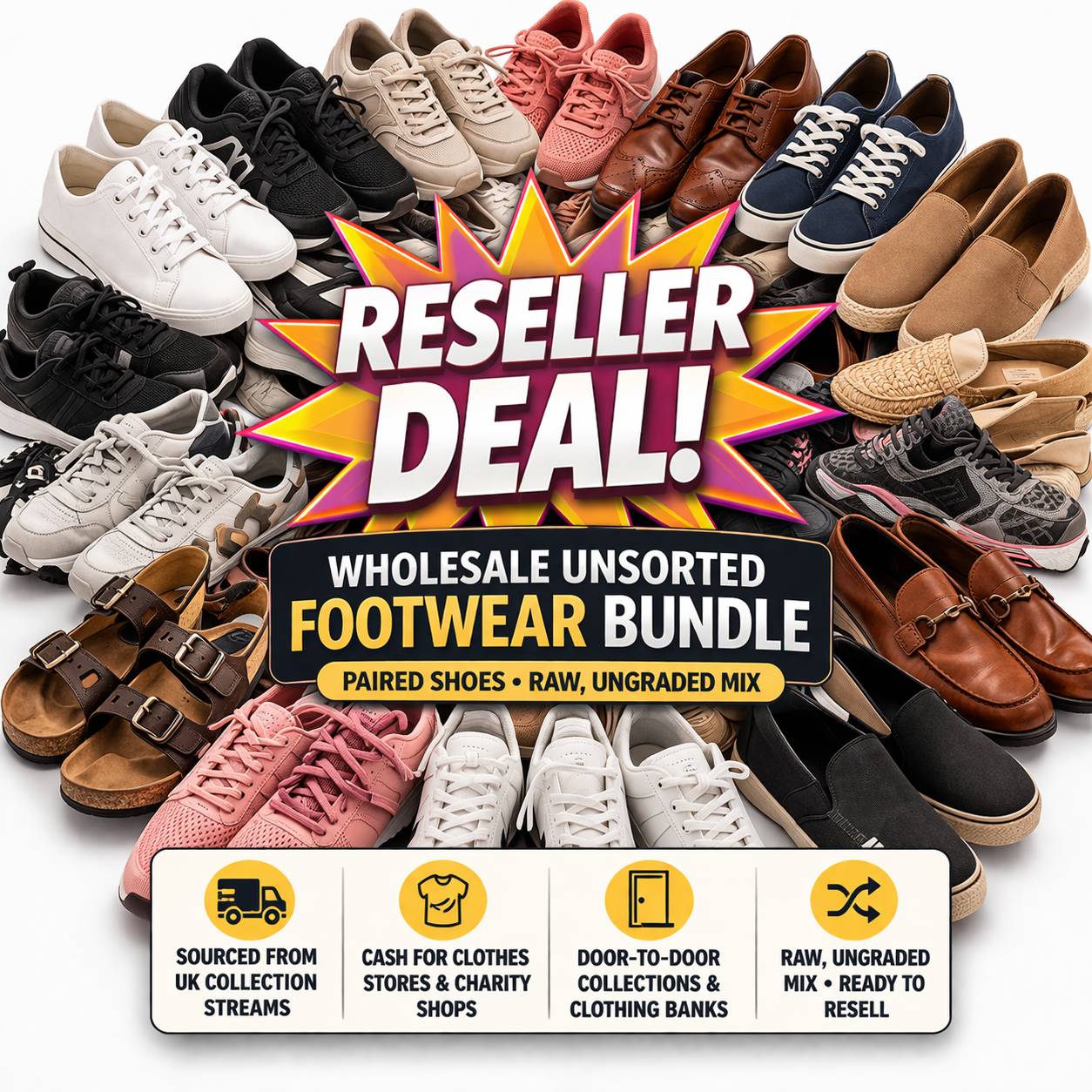 Wholesale unsorted footwear bundle with 'Reseller Deal!' text and various shoes displayed.