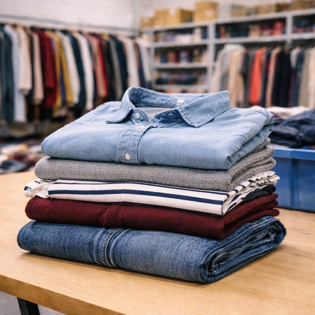 Stack of folded jeans and shirts on a table with a clothing store background