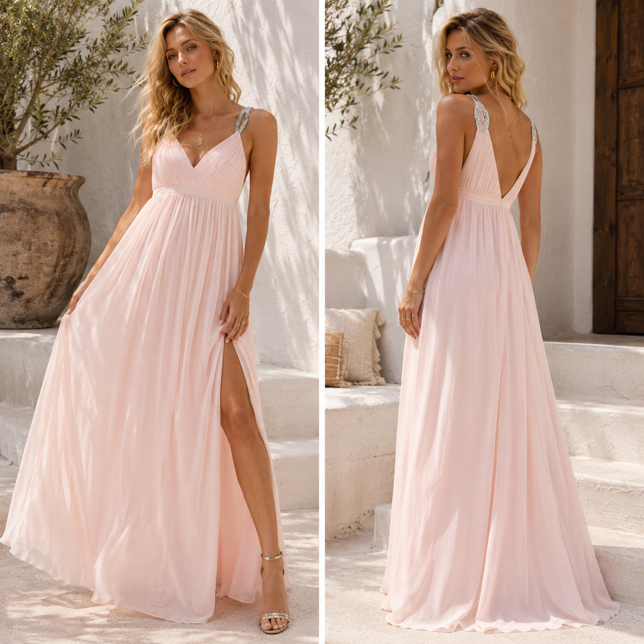Woman wearing a pink dress with a slit, standing on steps with white walls and greenery.