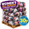 A stack of bundled women's apparel garments on a wooden pallet, with promotional text reading 'WOMEN'S ALL-SEASON CLEARANCE PALLET' and a blue badge stating 'APPROX 30p PER GARMENT'.