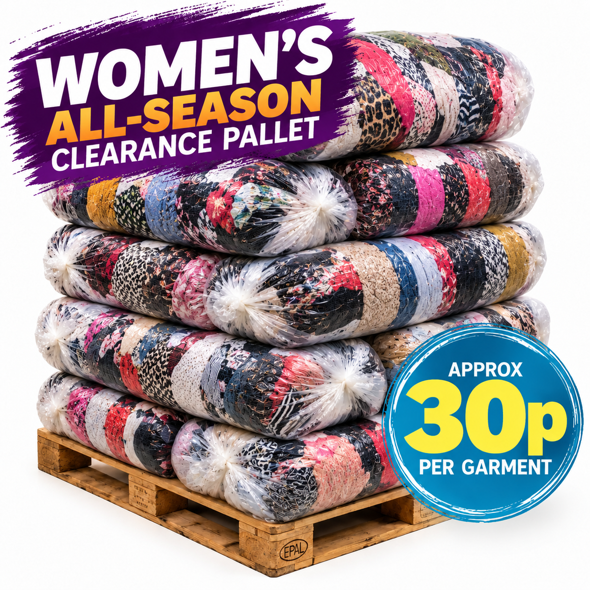 A stack of bundled women's apparel garments on a wooden pallet, with promotional text reading 'WOMEN'S ALL-SEASON CLEARANCE PALLET' and a blue badge stating 'APPROX 30p PER GARMENT'.
