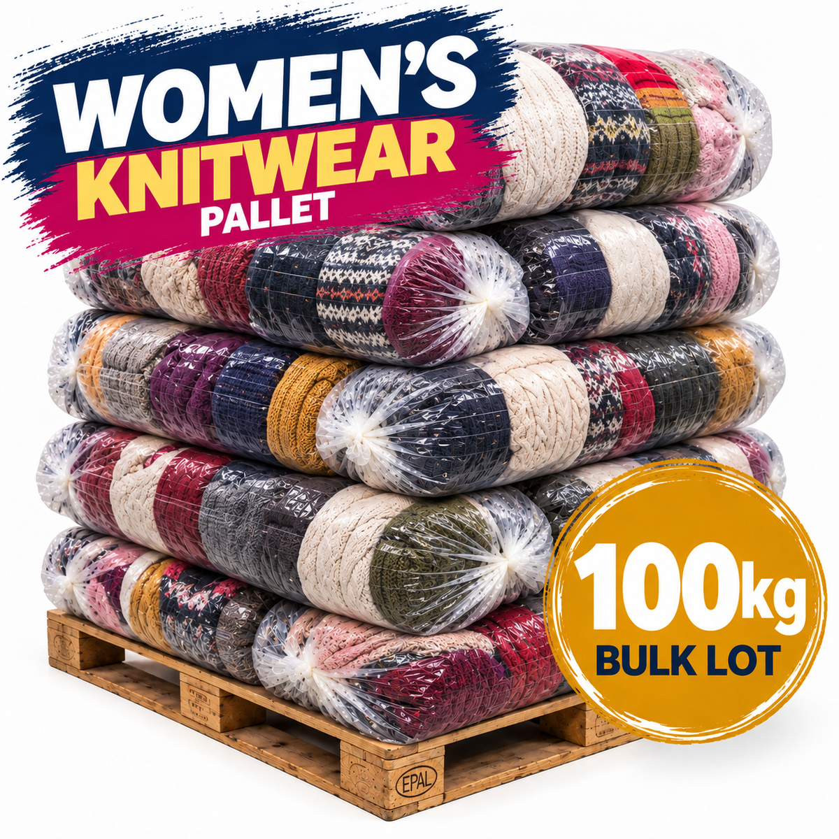 A pallet stacked with packaged bulk lots of women's knitwear yarn or knit materials, shown on a white background with promotional text reading 'WOMEN'S KNITWEAR PALLET' and '100kg BULK LOT'.