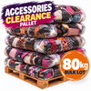 A pallet stacked with multiple large clear plastic bags filled with assorted fashion accessories, shown on a white background with promotional text reading 'ACCESSORIES CLEARANCE PALLET' and '80kg BULK LOT'.