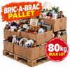 A pallet stacked with multiple cardboard boxes filled with assorted household items, furniture, mugs, dishes, books, and decor, with large promotional text reading 'BRIC-A-BRAC PALLET' and '80kg BULK LOT' on a white background.