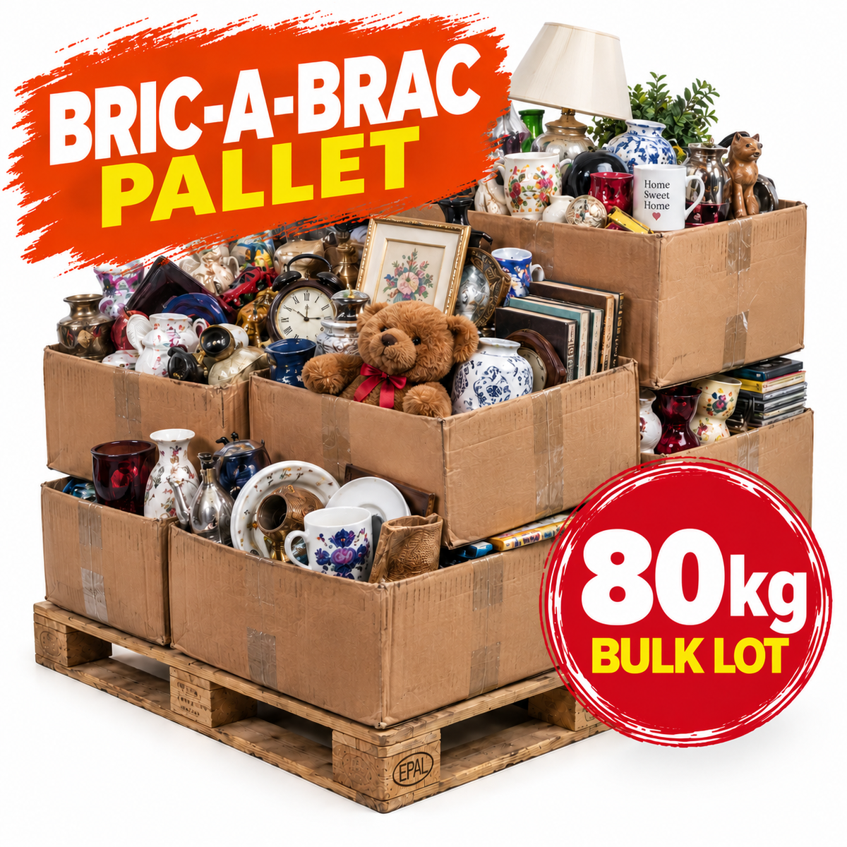 A pallet stacked with multiple cardboard boxes filled with assorted household items, furniture, mugs, dishes, books, and decor, with large promotional text reading 'BRIC-A-BRAC PALLET' and '80kg BULK LOT' on a white background.