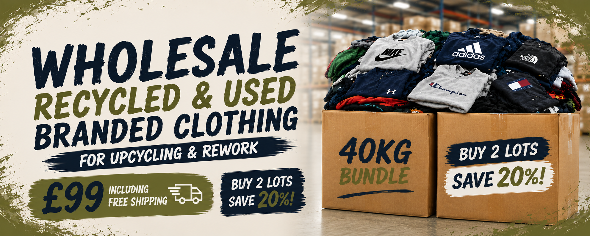 Promotional banner for a wholesale lot of recycled and used branded clothing. The left side features bold text advertising a £99 deal including free shipping for buying 2 lots.